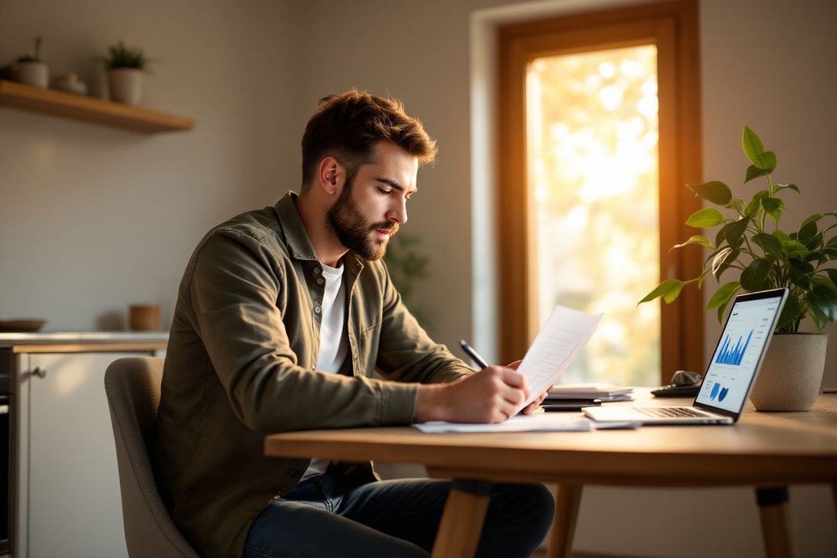Une personne classe ses factures à son bureau